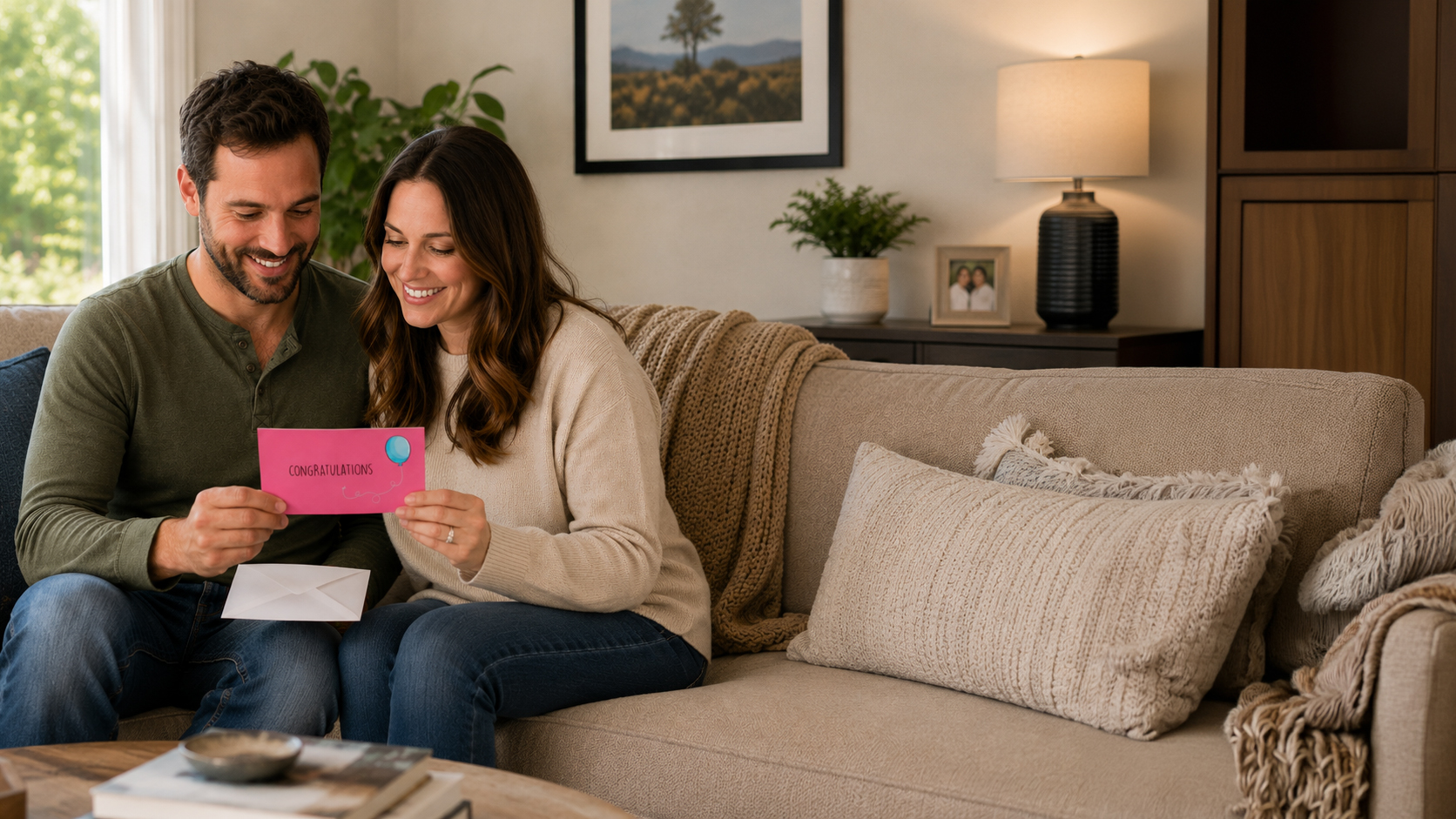 A couple smiling together while reading a printed greeting card