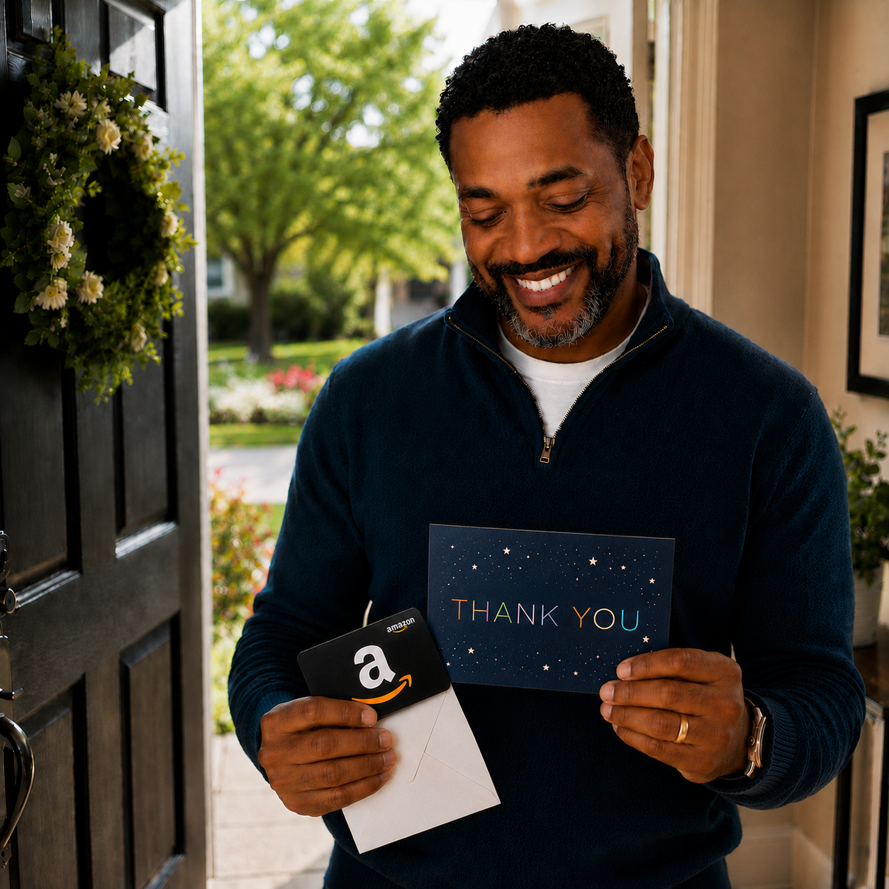 A man smiling at his front door while holding a thank you card and gift card